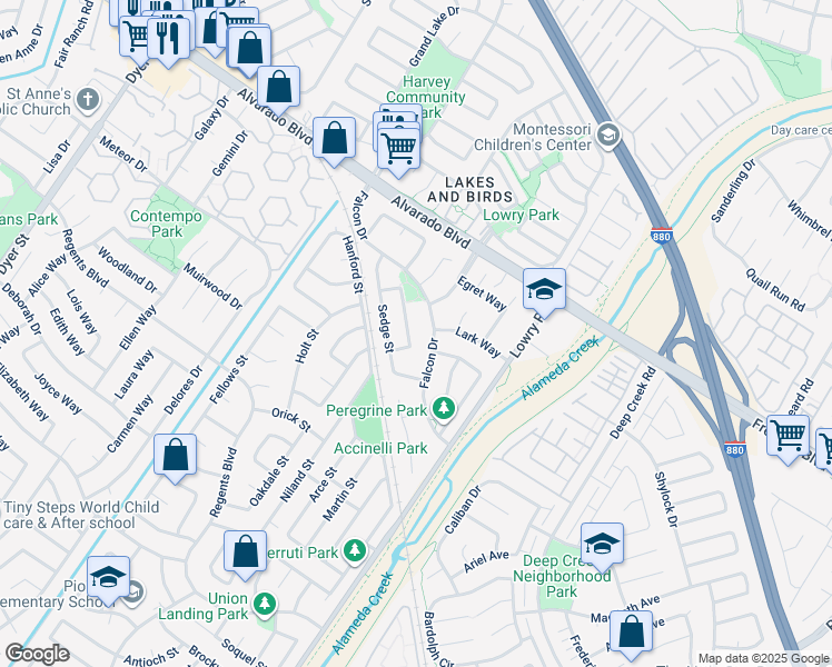 map of restaurants, bars, coffee shops, grocery stores, and more near 4272 Warbler Loop in Fremont