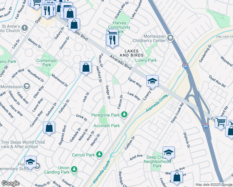 map of restaurants, bars, coffee shops, grocery stores, and more near 4272 Warbler Loop in Fremont