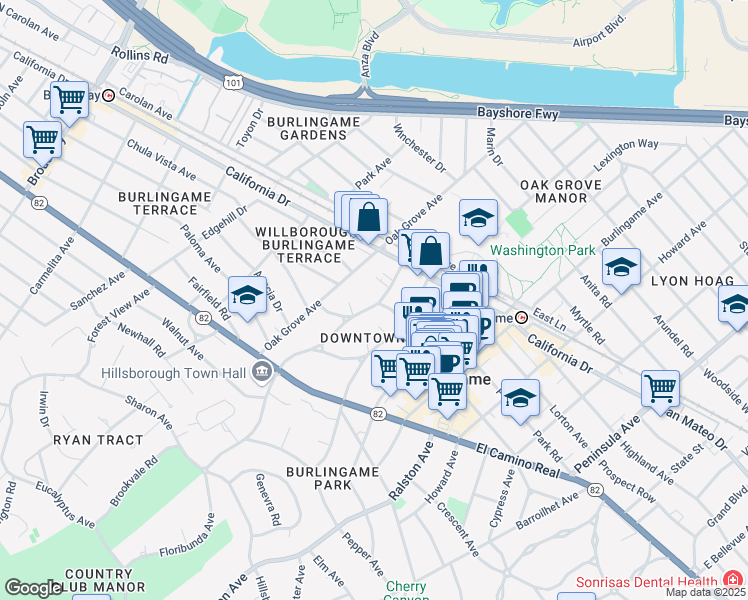 map of restaurants, bars, coffee shops, grocery stores, and more near 1400 Floribunda Avenue in Burlingame