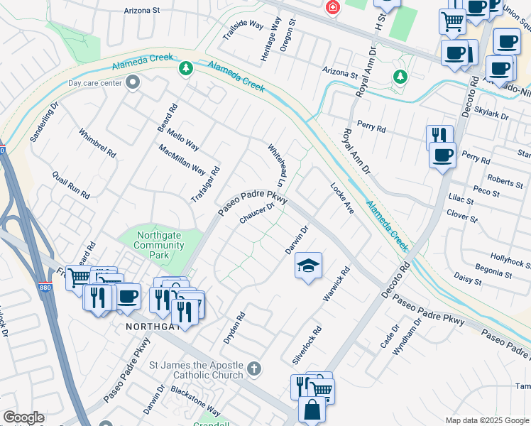 map of restaurants, bars, coffee shops, grocery stores, and more near 34348 Atteridge Court in Fremont
