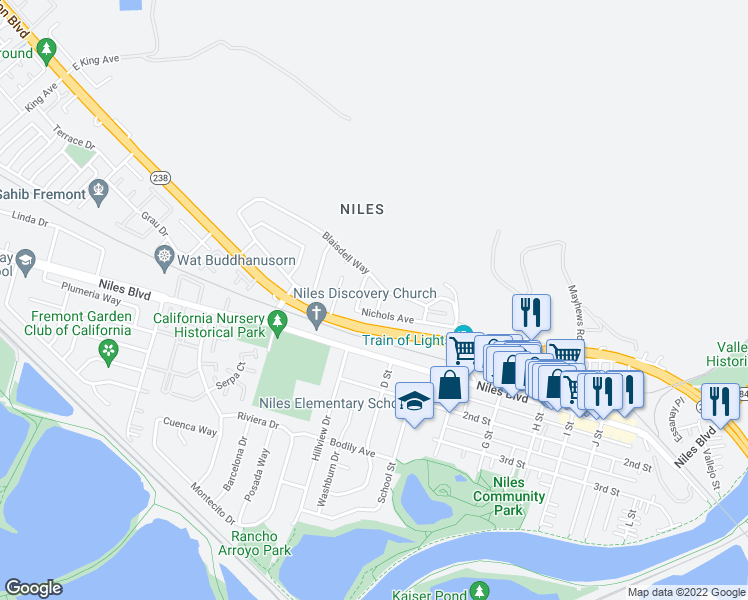 map of restaurants, bars, coffee shops, grocery stores, and more near 76 Barnes Lane in Fremont