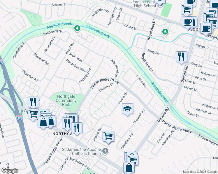 map of restaurants, bars, coffee shops, grocery stores, and more near 34331 Atteridge Court in Fremont