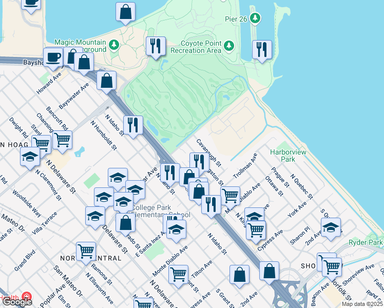 map of restaurants, bars, coffee shops, grocery stores, and more near 424 North Kingston Street in San Mateo