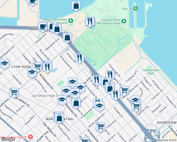 map of restaurants, bars, coffee shops, grocery stores, and more near 601 North Amphlett Boulevard in San Mateo
