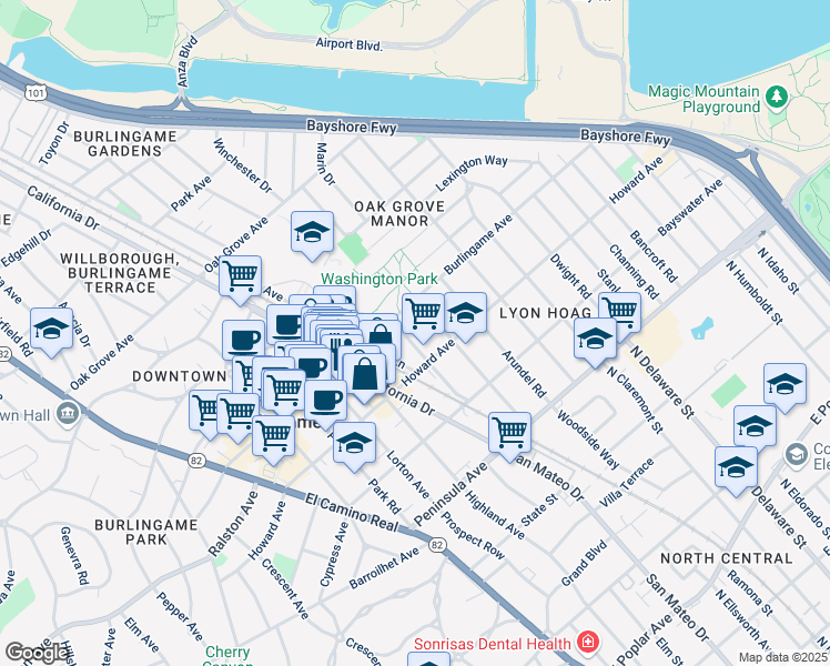 map of restaurants, bars, coffee shops, grocery stores, and more near 250 Myrtle Road in Burlingame