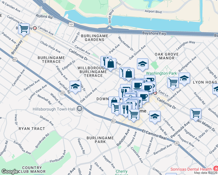 map of restaurants, bars, coffee shops, grocery stores, and more near 1239 Oak Grove Avenue in Burlingame