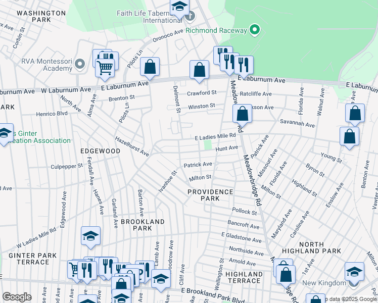 map of restaurants, bars, coffee shops, grocery stores, and more near 426 Hunt Avenue in Richmond