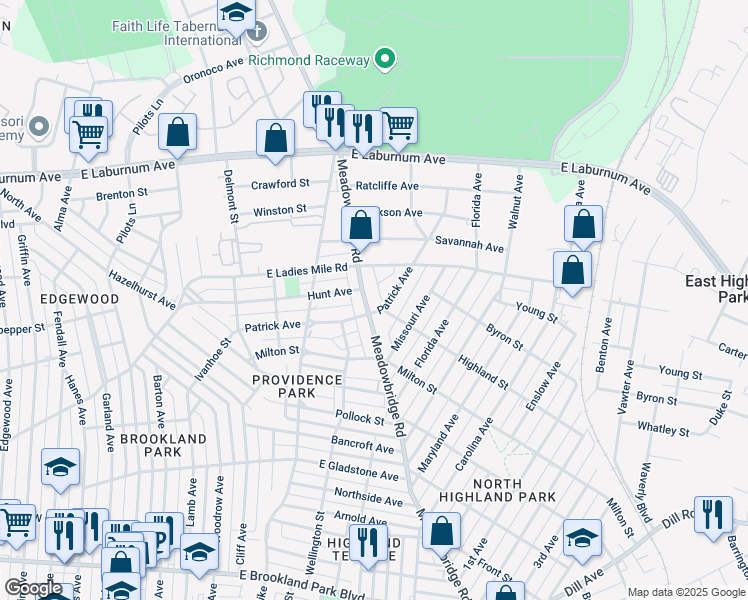 map of restaurants, bars, coffee shops, grocery stores, and more near 3505 Meadowbridge Road in Richmond