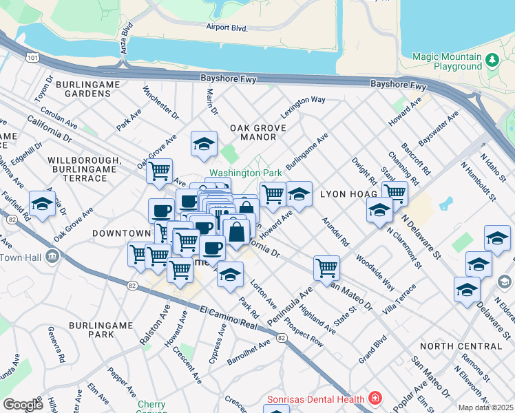 map of restaurants, bars, coffee shops, grocery stores, and more near 257 Myrtle Road in Burlingame