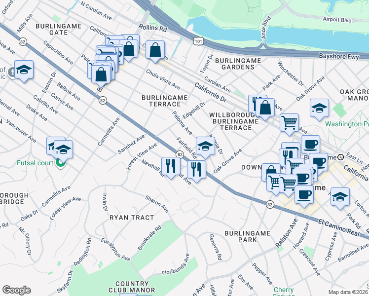 map of restaurants, bars, coffee shops, grocery stores, and more near 809 Paloma Avenue in Burlingame