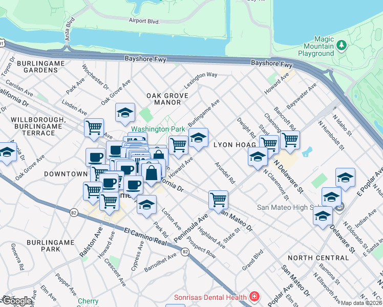 map of restaurants, bars, coffee shops, grocery stores, and more near 212 Anita Road in Burlingame