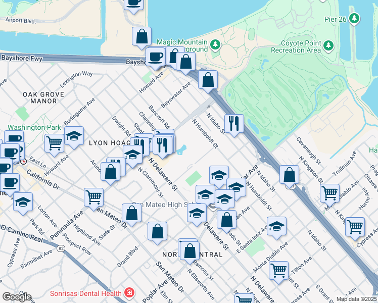 map of restaurants, bars, coffee shops, grocery stores, and more near 847 North Humboldt Street in San Mateo