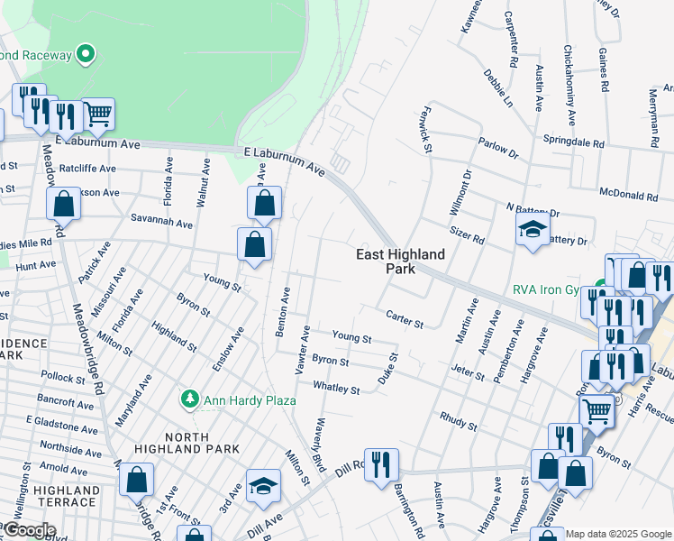 map of restaurants, bars, coffee shops, grocery stores, and more near 1406 Pensacola Avenue in Richmond