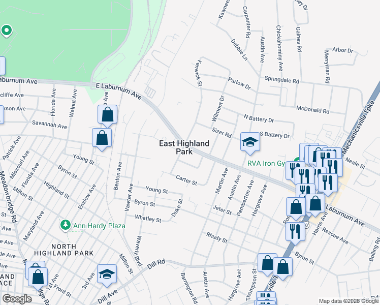 map of restaurants, bars, coffee shops, grocery stores, and more near 1600 East Laburnum Avenue in Richmond