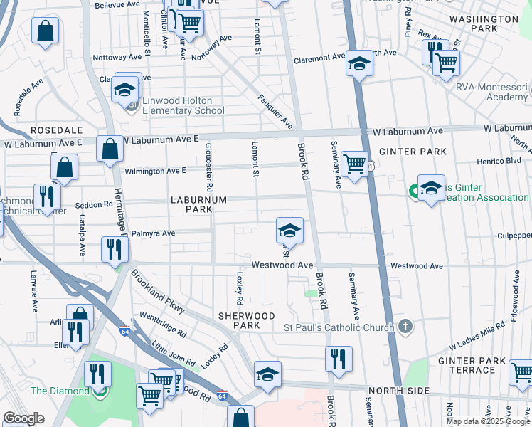 map of restaurants, bars, coffee shops, grocery stores, and more near 1216 Palmyra Avenue in Richmond
