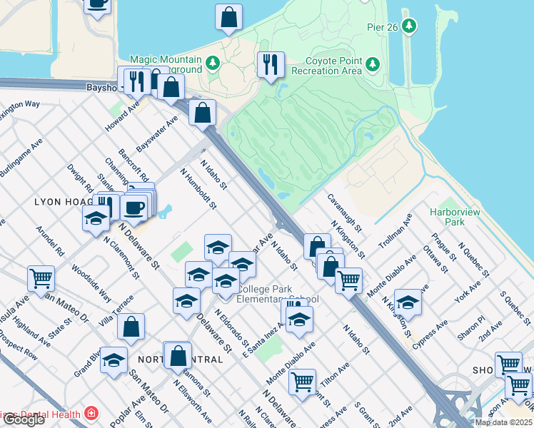 map of restaurants, bars, coffee shops, grocery stores, and more near 601 North Amphlett Boulevard in San Mateo