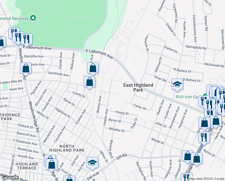 map of restaurants, bars, coffee shops, grocery stores, and more near 3805 Vawter Avenue in Richmond