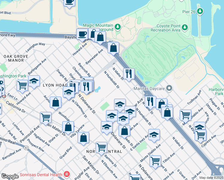 map of restaurants, bars, coffee shops, grocery stores, and more near 801 North Humboldt Street in San Mateo