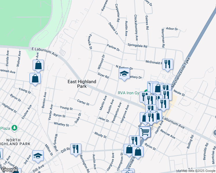 map of restaurants, bars, coffee shops, grocery stores, and more near 3907 Arden Road in Richmond
