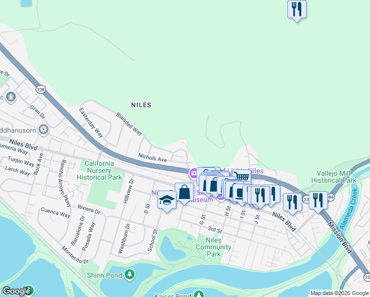 map of restaurants, bars, coffee shops, grocery stores, and more near 36990 Mission Boulevard in Fremont