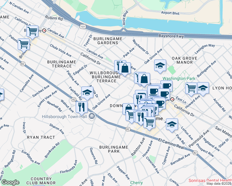 map of restaurants, bars, coffee shops, grocery stores, and more near 1272 Oak Grove Avenue in Burlingame