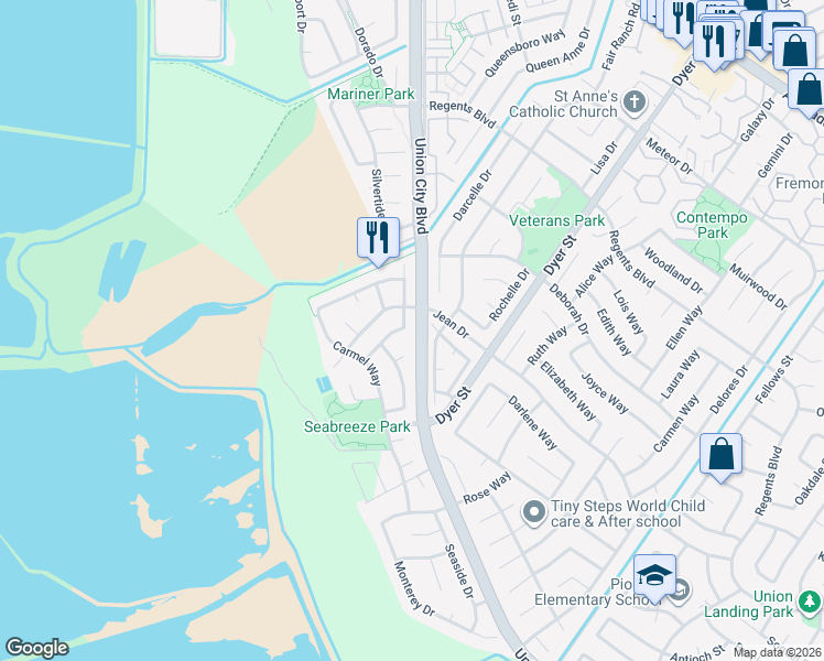 map of restaurants, bars, coffee shops, grocery stores, and more near 32459 Pacific Grove Way in Union City