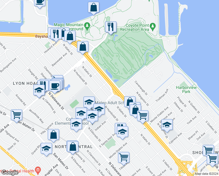 map of restaurants, bars, coffee shops, grocery stores, and more near 601 North Amphlett Boulevard in San Mateo