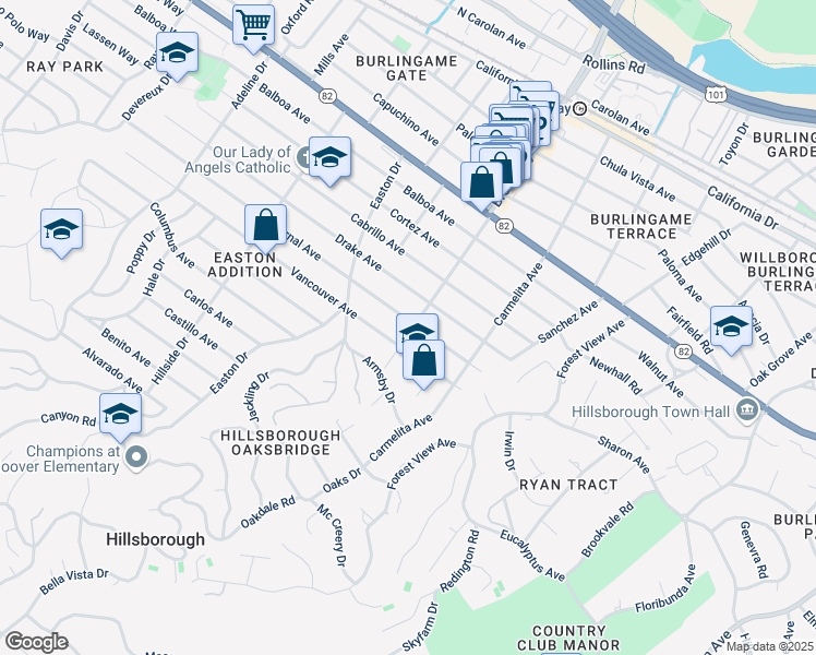 map of restaurants, bars, coffee shops, grocery stores, and more near 1201 Bernal Avenue in Burlingame