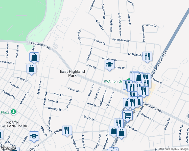 map of restaurants, bars, coffee shops, grocery stores, and more near 3907 Arden Road in Richmond