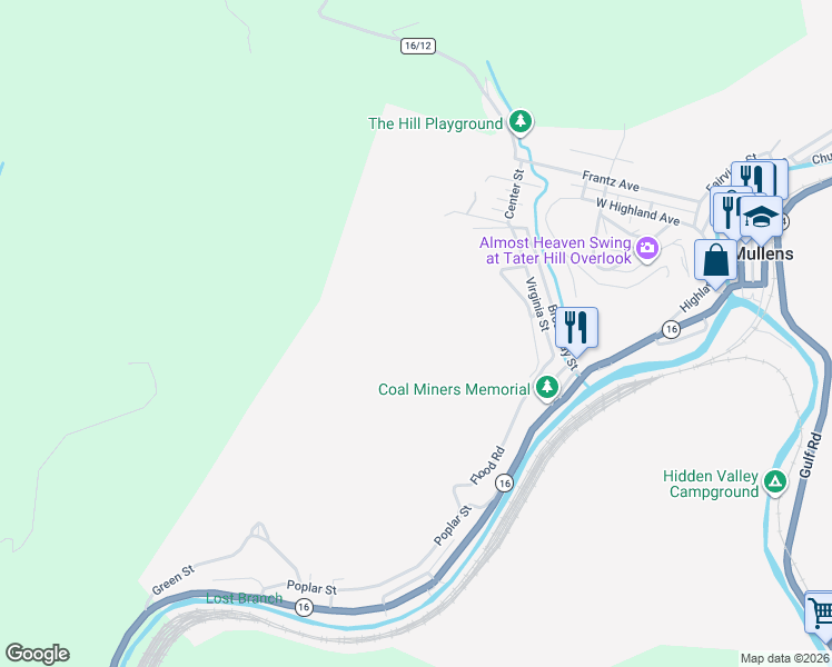 map of restaurants, bars, coffee shops, grocery stores, and more near in Mullens