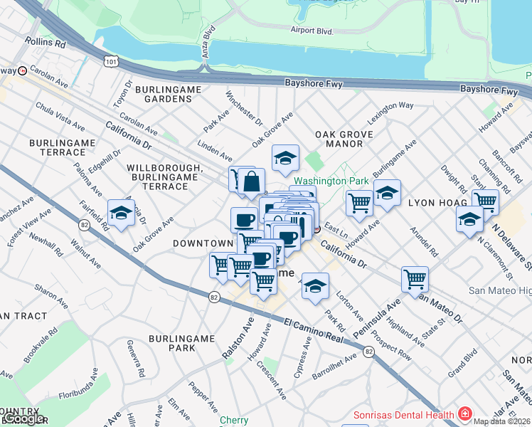 map of restaurants, bars, coffee shops, grocery stores, and more near 405 California Drive in Burlingame
