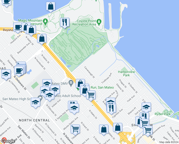 map of restaurants, bars, coffee shops, grocery stores, and more near 408 Cavanaugh Street in San Mateo