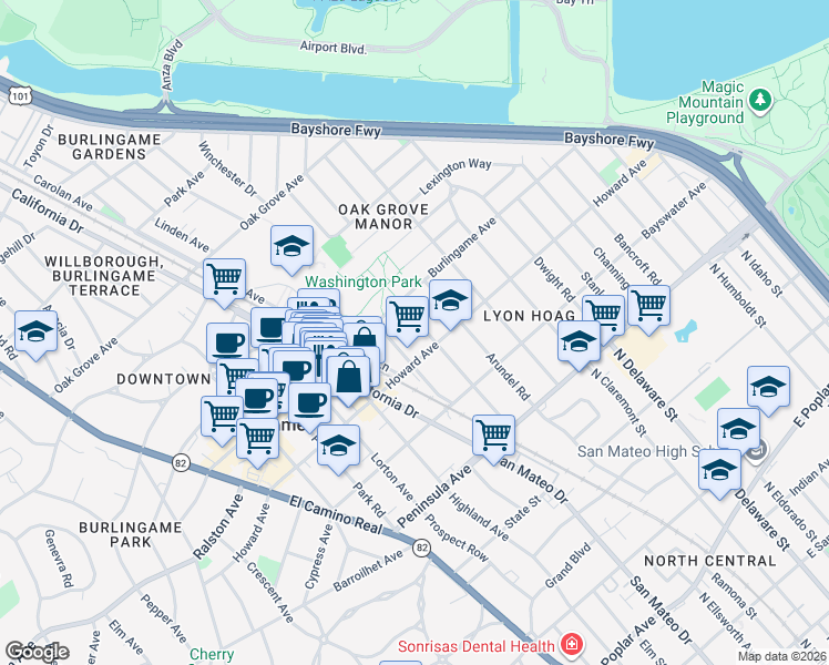 map of restaurants, bars, coffee shops, grocery stores, and more near 212 Anita Road in Burlingame