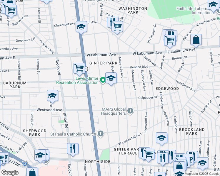 map of restaurants, bars, coffee shops, grocery stores, and more near 3418 Noble Avenue in Richmond