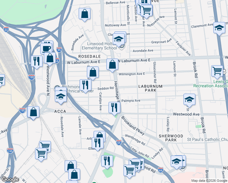 map of restaurants, bars, coffee shops, grocery stores, and more near 1703 Seddon Road in Richmond