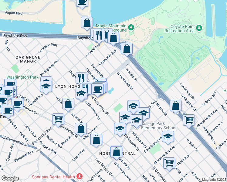 map of restaurants, bars, coffee shops, grocery stores, and more near 928 Peninsula Avenue in San Mateo
