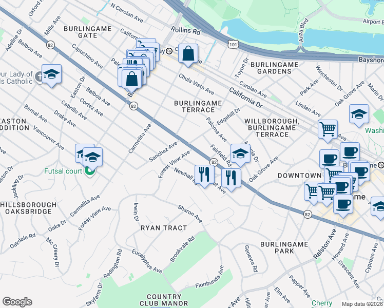 map of restaurants, bars, coffee shops, grocery stores, and more near 1500 Forest View Avenue in Burlingame