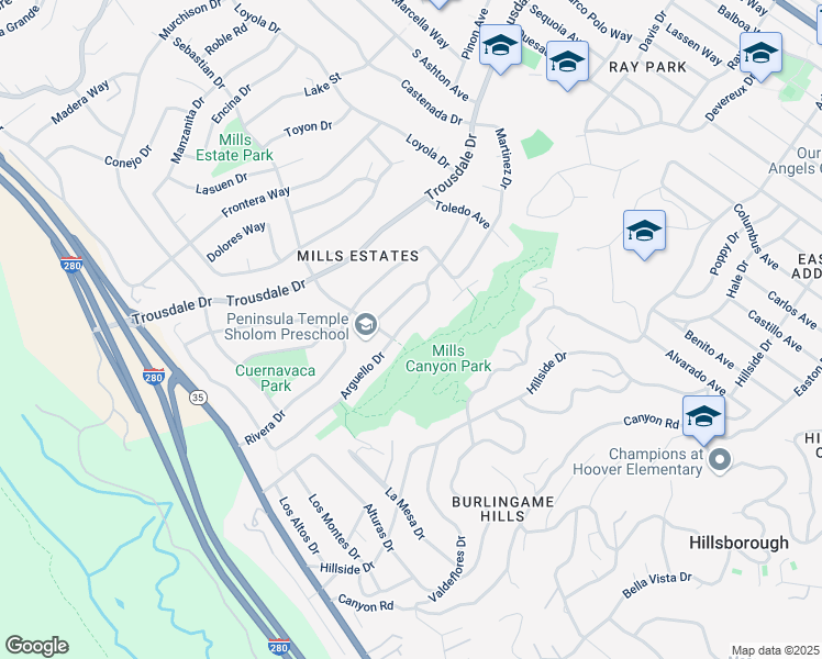 map of restaurants, bars, coffee shops, grocery stores, and more near 2834 Arguello Drive in Burlingame