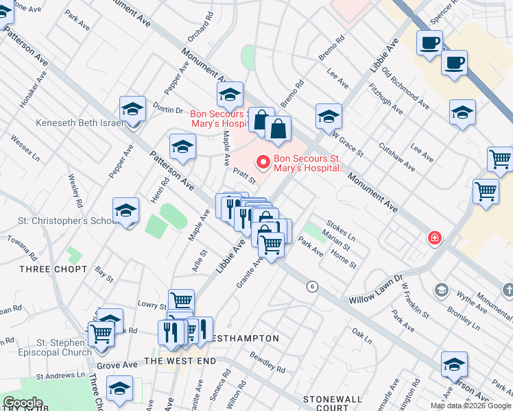 map of restaurants, bars, coffee shops, grocery stores, and more near 5800 Park Avenue in Richmond