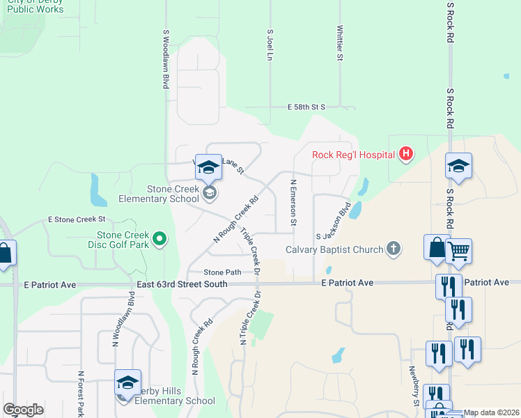map of restaurants, bars, coffee shops, grocery stores, and more near 3007 North Rock Bridge Street in Derby