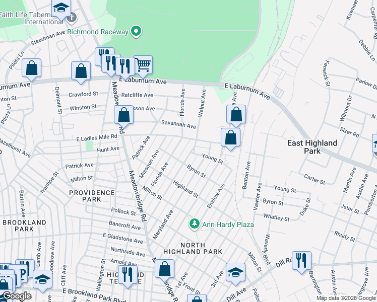 map of restaurants, bars, coffee shops, grocery stores, and more near 3612 Delaware Avenue in Richmond