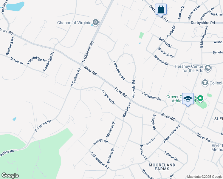 map of restaurants, bars, coffee shops, grocery stores, and more near 9515 River Road in Richmond