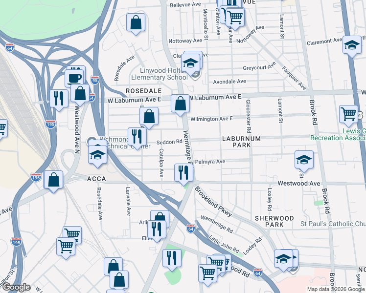 map of restaurants, bars, coffee shops, grocery stores, and more near 1703 Seddon Road in Richmond