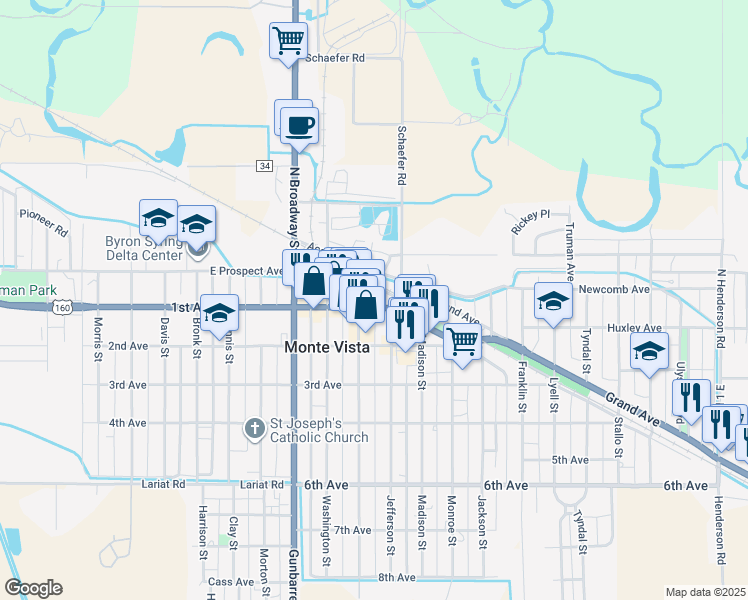 map of restaurants, bars, coffee shops, grocery stores, and more near 925 1st Avenue in Monte Vista