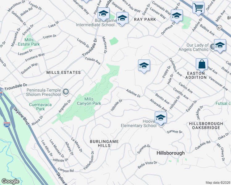 map of restaurants, bars, coffee shops, grocery stores, and more near 2855 Adeline Drive in Burlingame