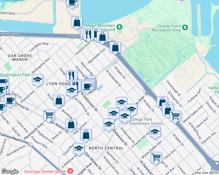 map of restaurants, bars, coffee shops, grocery stores, and more near 817 North Humboldt Street in San Mateo