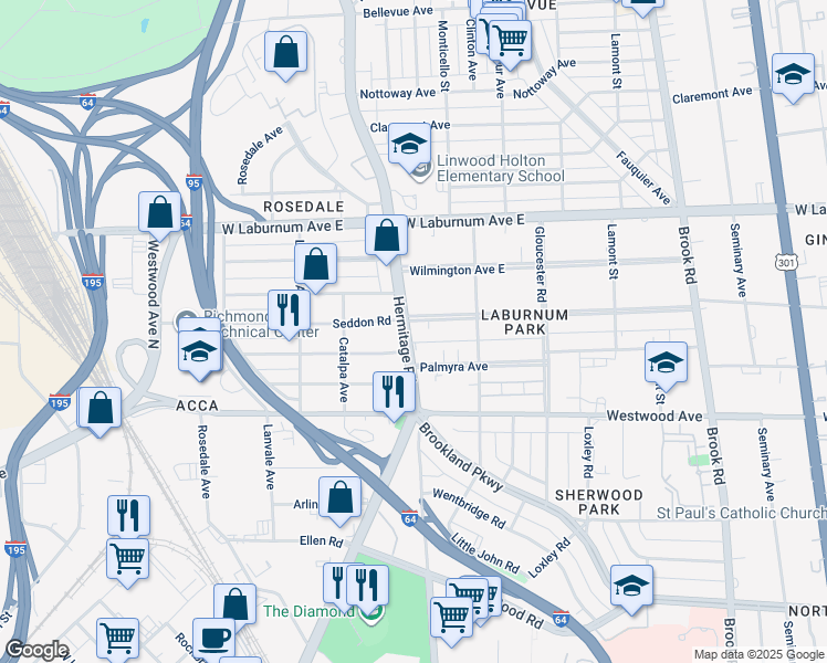 map of restaurants, bars, coffee shops, grocery stores, and more near 1617 Laburnum Park Boulevard in Richmond