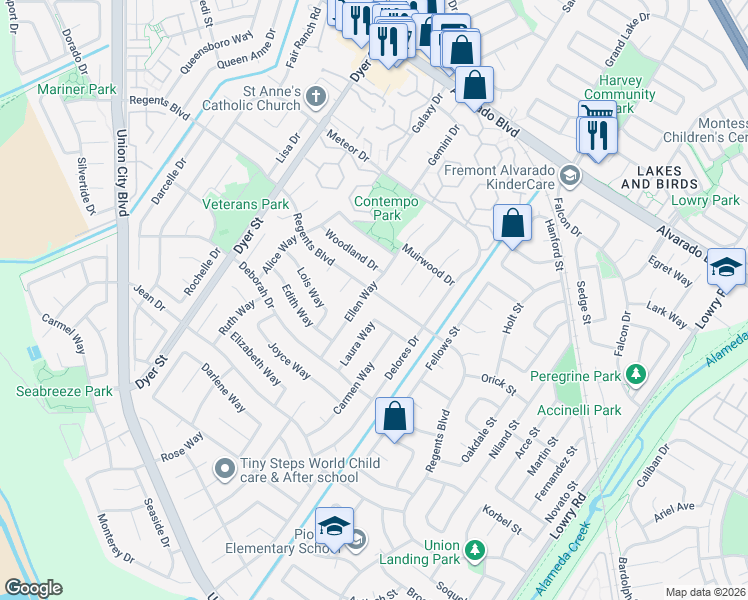 map of restaurants, bars, coffee shops, grocery stores, and more near 32508 Regents Boulevard in Union City