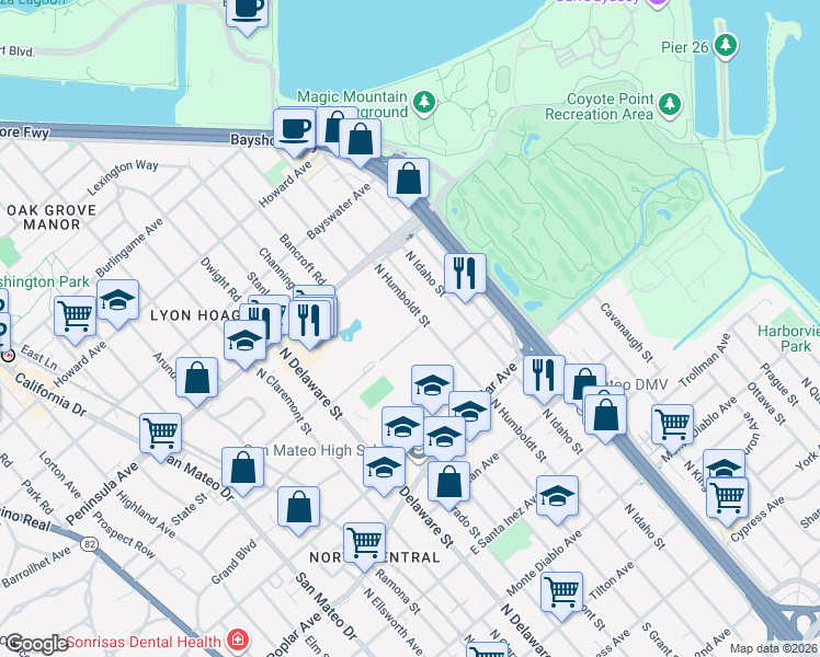 map of restaurants, bars, coffee shops, grocery stores, and more near 801 North Humboldt Street in San Mateo