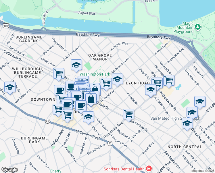 map of restaurants, bars, coffee shops, grocery stores, and more near 212 Anita Road in Burlingame